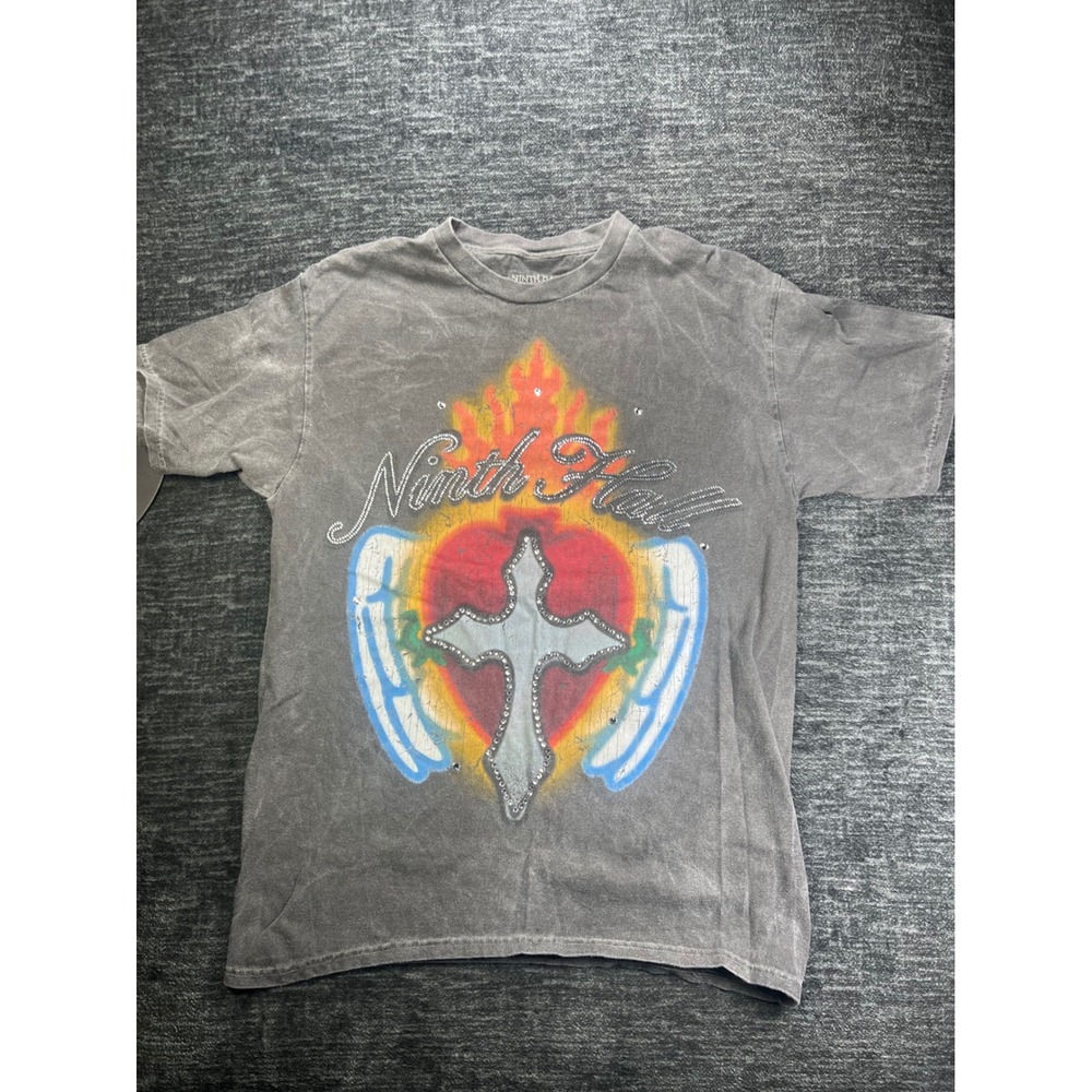 Ninth Hall Graphic T-Shirt Mens Medium Charcoal Grey Rhinestone Heart Cross Wing
